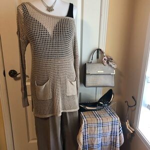 Taupe/Tan Open-Knit Sweater /tunic pockets